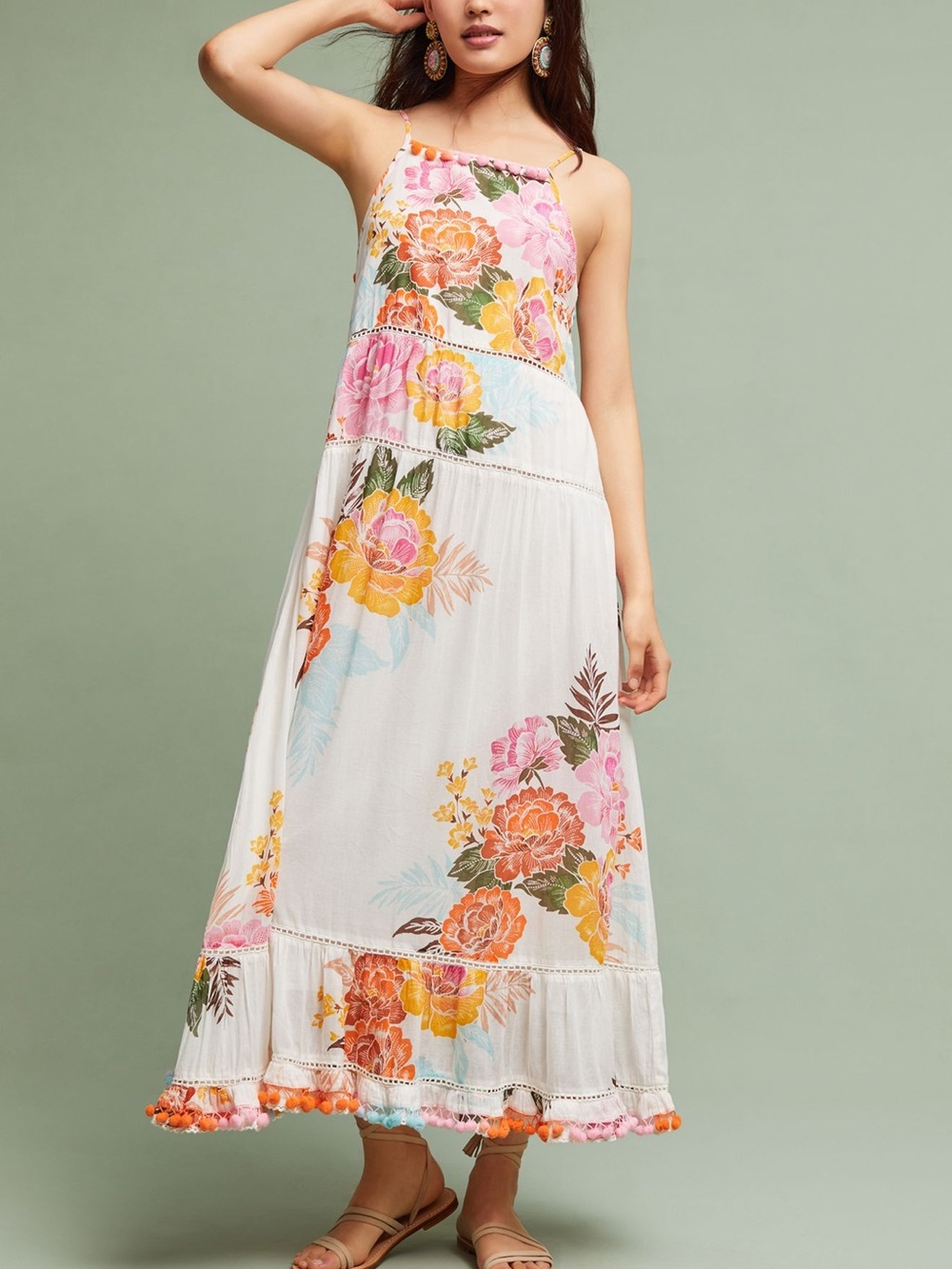 Floral White Tiered Maxi Dress with Pink & Orange Blooms - Picture 4 of 15